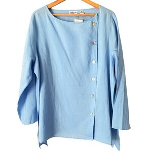 NWT Toto N Ko Light Blue Linen Asymmetric Button Up Blouse 1X Lagenlook Tunic